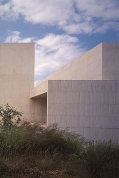 the building is made out of concrete and has grass growing in front of it on both sides