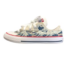 "The traditional Japanese woodblock printed classic art piece, \"The Great Wave of Kanagawa\" on white low top Converse Chuck Taylor Shoes for Men or Women. Custom Made-to-Order sneakers.  We buy each pair of shoes BRAND NEW from the Converse retail store. Each pair is made to order, please make sure you put in the correct shoe size before you check out. The ink is permanent and will never come off. Made in the USA. This price includes everything: shoes, artwork, and shipping. Thanks for stopping by our Etsy shop! Please message us with any questions! Because the artwork is custom made for you, there are no exchanges or returns. If you have any issues with your order, please feel free to reach out to us and we will be more than glad to help you! Please know your size before ordering. Sizes White Low Top Converse, Custom Slip On Vans, Converse Shoes Men, White Slip On Vans, Converse Low, Chuck Taylor Shoes, Low Top Converse, Converse Low Tops, Custom Converse