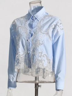 Light Blue long sleeves laced and embroidered transparency details blouse. Lace details on shoulders, back and chest. Ruffles details. Long sleeves. V-neckline. Ruffles details. Crop length. Cotton and polyester fabric. Color may be lighter or darker depending of the device it is displayed. High Heel Wedges Platform, Blouse Lace, Romper And Jacket, Wide Pants, Lace Shirt, Embroidered Blouse, Long Sleeve Lace, Blue Lace, Dress With Boots