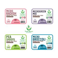 four different label designs for micro - radish mix, including one with the word micro