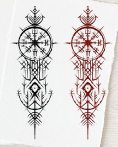 two different types of tattoo designs on white paper, one with black and red ink