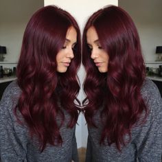 Red Hair Colours Ideas, Fall Burgundy Hair, Red Hair With Red Money Piece, Bordeaux Hair, Burgundy And Purple Hair, Deep Maroon Hair, Witch Hair Color, Berry Hair