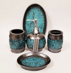 NEW BEEKMAN 5 PC BLUE MOSAIC,GRAY RESIN DISPENSER,TUMBLER,DISH,TRAY,TOOTHBRUSH H 5 PIECE SET- BRAND NEW   DIMENSION:  6.5"H x 4.5"L&W (Soap/lotion dispenser),4"H X 2.75"L&W (TOOTHBRUSH HOLDER), 4"H x 2.75"L&W (tumbler), 5.25"L X 3.75"W X 1"H SOAP DISH AND 10"L X 6"W X 1"H (Tray)  CONDITION: BRAND NEW LISTING INCLUDE: ONE SOAP/LOTION DISPENSER, ONE TUMBLER, TOOTHBRUSH HOLDER, ONE SOAP DISH AND ONE VANITY TRAY  SHIPPING We are happy to offer a combination shipping discount of 50% off on the shippi Blue Mosaic Bathroom, Teal Bathroom, Gray Bathroom Decor, Blue Mosaic, Bathroom Accessory Sets, Teal And Grey, Lotion Dispenser, Grey Bathrooms, Vanity Tray