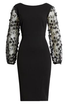 Sheer mesh sleeves decorated with charming floral appliqués frame this elegant sheath dress that's a sweet pick for your next event. 41" length (size 8) Back zip closure Boat neck Long sleeves Lined, except sleeves 95% polyester, 5% spandex with 100% polyester sleeves Hand wash, dry flat Imported Chic Sheath Dress With Sheer Sleeves, Black Stretch Mini Dress With Sheer Sleeves, Black Knee-length Bodycon Dress With Sheer Sleeves, Stretch Mesh Dress With Sheer Sleeves, Mini Length, Black Stretch Knee-length Long Sleeve Dress, Long Sleeve Mesh Dress, Mini Sheath Dress, Floral Sheath Dress, Mesh Sleeves