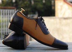 Handmade Black Tan Color Leather Cap Toe Lace Up Formal Shoes for Men's  ♥️ Upper Material Luxury Wingtip Men's Shoes With Rubber Heel Cap, Luxury Gentleman's Cap Toe Leather Shoes, Luxury Gentleman Lace-up Shoes With Plain Toe, Luxury Cap Toe Gentleman Leather Shoes, Luxury Cap Toe Leather Shoes For Men, Luxury Round Toe Masculine Leather Shoes, Luxury Calf Leather Lace-up Shoes For Formal Events, Luxury Calf Leather Cap Toe Shoes, Luxury Cap Toe Derby Shoes