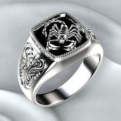 925 Silver Stamped Scorpion Ring Elegant Black Stainless Steel Rings, Classic Silver Stainless Steel Engraved Ring, Black Sterling Silver Engraved Ring Gift, Classic Silver Engraved Stainless Steel Ring, Elegant Silver Stainless Steel Signet Ring, Silver Open Ring For Formal Occasions, Classic Sterling Silver Skull Ring Gift, Silver Stainless Steel Signet Ring For Promise, Silver Stainless Steel Signet Promise Ring