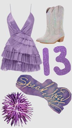 purple items are arranged in the shape of numbers, including boots, and a hat