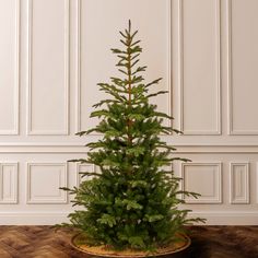 a small christmas tree in a pot on the floor