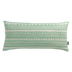 a green and white striped pillow on a white background with an arrow design in the middle