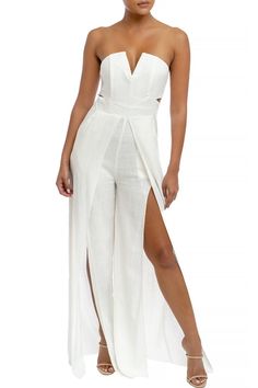 Elegant V-neck Jumpsuit For Beach, Elegant High-waist Strapless Jumpsuit For Spring, Elegant High Waist Strapless Jumpsuit For Spring, Elegant Beach Jumpsuits And Rompers, Elegant Solid Color Summer Jumpsuits And Rompers, Formal Halter Neck Jumpsuits And Rompers For Summer, Formal Halter Neck Jumpsuit For Summer, Formal Strapless Halter Neck Jumpsuit For Summer, Summer Formal Strapless Halter Neck Jumpsuit