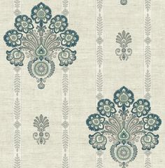 an ornate wallpaper with blue and green flowers on white background, in the style of damaska