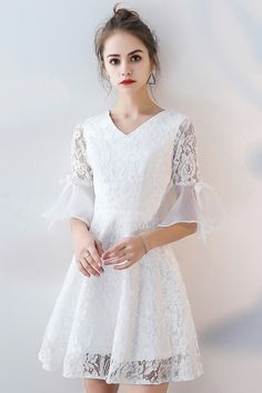 Shop V-neck White Lace Short Party Dress Aline with Sleeves online. All instock with free shipping. Pro since 2009. Homecoming Dress With Sleeves, White Lace Skater Dress, White Lace Shorts, Short Party Dress, Flare Sleeves, Lace Skater Dress, Short Homecoming Dress, White Dresses For Women, Lace Short