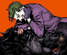 the joker is laying down with his head on a dog's back while wearing a purple suit