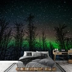 an image of a bedroom with the aurora bore in the sky and stars above it