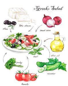 the ingredients for greek salad are shown in this watercolor and ink drawing by artist mary williams