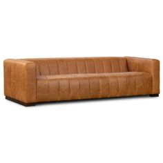 a brown leather couch sitting on top of a white floor