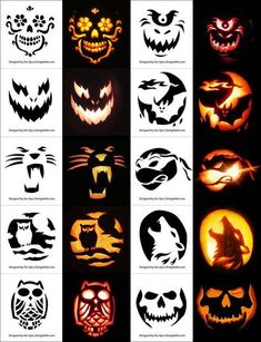 halloween pumpkins and jack o lantern faces are shown in black and white, with different colors