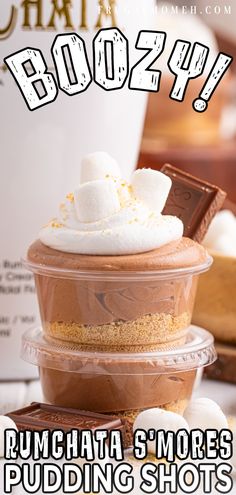 the cover of boozy's rumchata s'mores pudding shots