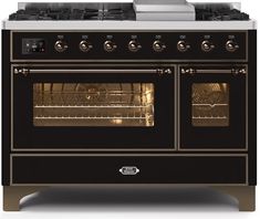 a black and gold oven with two burners on the front, and one door open