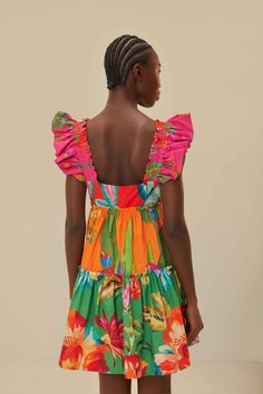 Foliage Mix Mini Dress – FARM Rio Vibrant Tropical Print Dress For Garden Party, Tropical Multicolor Ruffled Dress, Tropical Ruffle Dress For Garden Party, Vacation Floral Dress With Square Neck And Ruffles, Summer Multicolor Dress With Straight Neckline, Multicolor Summer Dress With Straight Neckline, Multicolor Tropical Print Summer Floral Dress, Vacation Floral Dress With Ruffles And Square Neck, Vibrant Tropical Print Multicolor Dress