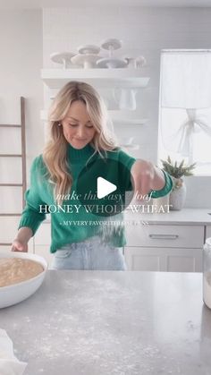 a woman standing in front of a counter with a pie on it and the words make this easy honey whole wheat