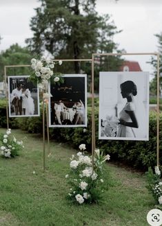 wedding decorations with pictures on them and flowers in the grass next to eachother