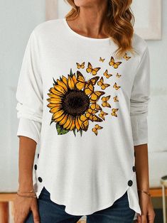 Text Letters, Sunflower Butterfly, Trendy Blouses, Holiday Gift Ideas, Clothing Catalog, Long Sleeve Tops Casual, Sleeves Clothing, Modern Outfits, Cozy Knits