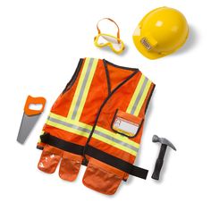 a construction worker's outfit and tools on a white background