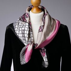 Silky Neck Tie Pink Black Beige Square Scarf with Geometric and Fleur De Lis Design Headscarf Neckerchief D E S C R I P T I O N Our silky polyester scarf makes a great addition to your wardrobe and is bang up to date for A/W 2021. With headscarves trending at the moment, we think this retro neck scarf will look fabulous with any outfit. Wear it as a headscarf, or around your neck in a simple knot, or tie it in your hair for a sweet take on boho style. Whether you're accessorising a work outfit o Elegant Pink Square Scarves, Elegant Pink Square Scarf, Elegant Multicolor Scarf, Elegant Pink Square Silk Scarf, Beige Square, Polyester Scarf, Silky Scarf, Neck Scarf, Boho Stil