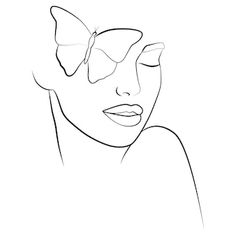 a line drawing of a woman's face with a butterfly on her cheek and eyes closed