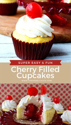 cherry filled cupcakes with cream cheese frosting and cherries on top are shown