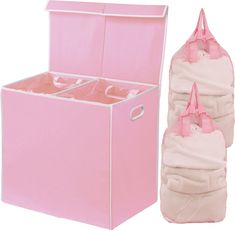 a pink and white storage box next to it's bag liners on a white background