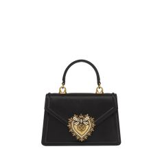 Dolce&Gabbana "Devotion" top handle bag in satin silk and leather Top handle  Detachable chain crossbody strap Can be worn as a top handle or crossbody bag  Envelope flap top with magnetic closure  Exterior, embellished DG logo heart ornament   Interior, one slip pocket  Approx. 5.1"H x 7.5"W x 1.8"D Made in Italy Luxury Top Handle Satchel, High-end Evening Bag With Detachable Top Handle, High-end Evening Bag With Detachable Strap, Evening Flap Bag With Detachable Top Handle, Luxury Evening Flap Bag With Double Handle, Elegant Handheld Flap Bag With Dust Bag, Designer Evening Bag With Detachable Double Handle, Luxury Shoulder Bag With Gold-tone Hardware For Events, Designer Evening Bag With Detachable Strap