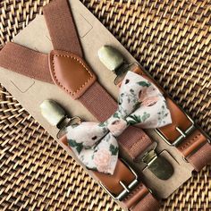 This neutral floral bow tie & brown vegan leather suspender set is a great choice for family photos, groomsmen gift, weddings, ring bearer outfit, gift, birthday celebration or any other special occasion. ❤ **Please Specify**  Bow Tie Only (w/ Clip or Neck Strap), Suspenders Only, or Bow Tie Only & Susp (Bow Tie and Suspenders) SUSPENDERS- One Pair of our Quality Suspenders BOW TIE - One Bow Tie on White Adjustable STRAP or Alligator CLIP PET BOWTIE w/ Elastic Loops- Slips on a Dog/Cat/Pet Colla Adjustable Bow Tie Back Belt For Wedding, Elegant Brown Belts And Suspenders For Wedding, Adjustable Belts And Suspenders For Father's Day Gift, Adjustable Belts And Suspenders As Father's Day Gift, Adjustable Wedding Belt With Bow Tie Back, Brown Bow Tie For Wedding, Brown Bow Tie For Wedding And Father's Day, Dapper Brown Bow Tie For Wedding, Brown Satin Bow Tie For Wedding