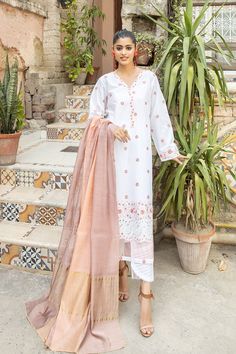 Type Embroidered 3-Piece Lawn Collection Included Kameez | Shalwar | Dupatta Fabric Premium Lawn Stitch Type Un-Stitch Embroidery Yes Details Premium Embroidered Fine Lawn Shirt Fine Embroidered Sleeves Fine Dyed Yarn Dupatta Premium Dyed Trouser Designer Wear Unstitched Suit With Embroidered Border, White Embroidered Palazzo Set For Wedding, White Mulmul Palazzo Set For Designer Wear, White Palazzo Set With Embroidered Border And Straight Kurta, Chikankari Embroidery Jamawar Palazzo Set, Festive White Palazzo Set With Embroidered Border, Festive White Embroidered Palazzo Set, Semi-stitched White Palazzo Set With Floral Embroidery, White Mulmul Palazzo Set With Embroidered Border