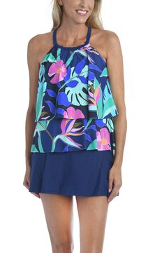 Free ship on orders $49 and up!Bring on the beach with this hi-neck double tier tankini swim top by Maxine of Hollywood. Molded cups, adjustable straps, and ruffle hem details create a flexible fit for this fun piece. FEATURES:• Tankini Top • Two tier fabric details • High neckline • Adjustable straps • Molded cupsFABRIC:82% Nylon,18% Elastane Tropical Halter Neck Tankini For Spring, Spring Tropical Sleeveless Swimwear, Spring Tropical Sleeveless Tankini, Tropical Sleeveless Halter Top For Pool, Tropical Floral Print Swimwear For Summer Outings, Summer Tropical Print Halter Top Beachwear, Sleeveless Tropical Tankini For Spring, Spring Halter Neck Top For Pool, Summer Tropical Print Halter Top For Beachwear