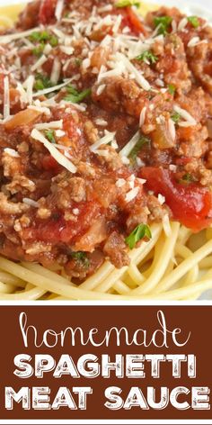 homemade spaghetti with meat sauce and parmesan cheese is an easy dinner recipe that's ready in under 30 minutes