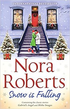 a book cover for snow is falling by nora roberts, with an image of a couple kissing in front of a house