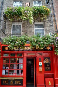 the outside of a building with flowers growing on it