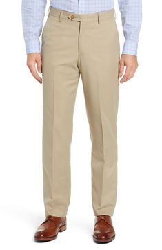 Classically tailored flat-front pants are crafted from smooth microfiber that resists water and stains to keep you looking sharp. 18" leg opening; 11 1/2" front rise; 17" back rise Zip fly with button-tab closure Side slant pockets; back button-welt pockets Water and stain resistant 100% polyester Dry clean Imported Butterfly Sleeve Top, Check Dress Shirt, Formal Mens Fashion, Guys Clothing Styles, Flat Front Pants, Men Formal, Trouser Style, Zip Sweater, Mens Trousers