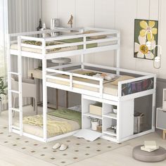 a white bunk bed sitting in a bedroom next to a desk and chair on top of a hard wood floor