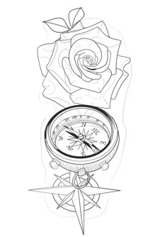 a black and white drawing of a rose with a compass