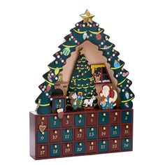 a christmas tree shaped wooden calendar with santa and other decorations on the top, in front of a white background