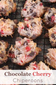 chocolate cherry chip cookies on a cooling rack with text overlay that reads, chocolate cherry chip cookies