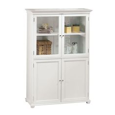 a white cabinet with glass doors and shelves