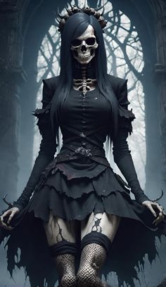 a woman dressed up as a skeleton in a gothic costume