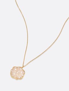 Pendant necklace 18K Yellow Gold Round Brilliant Pavé handset, VS1-2 Clarity, H/I color Diamonds 1.0 Carat total weight Custom, asymmetrical round setting Custom, cable chain Lobster clasp closure Dimensions: 18mm x 2mm 16” chain with 1” & 2” extender (up to 18”) Imported Make a sensual statement in our Petite Fleur Pavé Diamond Pendant Necklace. Its custom cable chain drapes gently on your décolletage, while its stunning asymmetrical, handset, 18K yellow gold and Pavé Diamond charm creates dram Special Necklace, Diamond Charm, Little Flowers, Mediterranean Sea, Diamond Pendant Necklace, Pave Diamonds, Cable Chain, Diamond Pendant, Round Brilliant