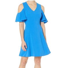 Beautiful, Turquoise, Colored Cold Shoulder, A-Line Dress Ruffle Short Sleeve And Zip Up Back 96% Polyester And 4% Spandex For Stretch Pit To Pit 19 1/2 Inches Shoulder To Hem 37 Inches Waist 16 1/2 Inches This Is Brand New Without Tags Blue Stretch V-neck Dress, Blue V-neck Elastane Dress, Casual Blue Elastane Dresses, Casual V-neck Elastane Dresses, Blue Summer Dress In Elastane, Blue Elastane Dress For Summer, Blue Elastane Mini Dress For Spring, Blue Short Sleeve Stretch Dress, Blue Knee-length Elastane Dress