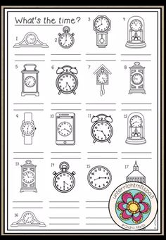 the worksheet for telling time is shown in this black and white poster, which includes