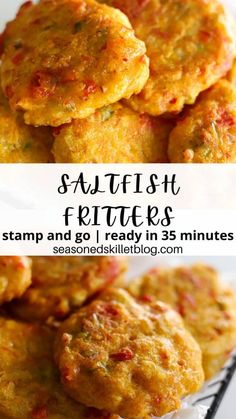 some food that is sitting on top of a plate with the words, saltfish fritters stamp and i ready in 25 minutes